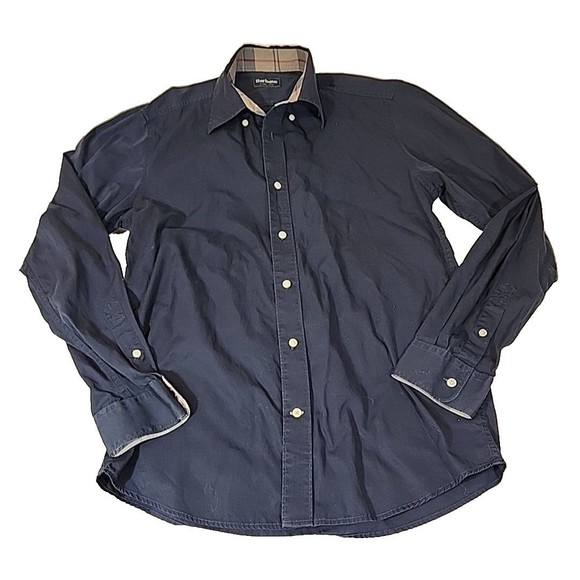 Barbour Mens Small Dress Tartan‎ Shirt Flip Cuff Button Down Collar Navy Blue - Picture 1 of 4